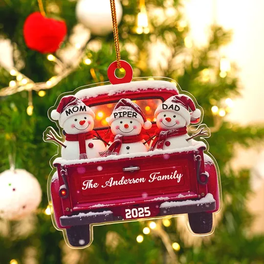 Personalized Cute Snowman in Red Truck Family Christmas Ornament