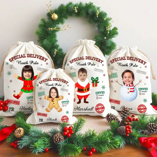Personalized Special Delivery North Pole Santa Claus Canvas Drawstring Gift Bag