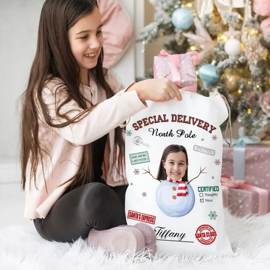 Personalized Special Delivery North Pole Santa Claus Canvas Drawstring Gift Bag