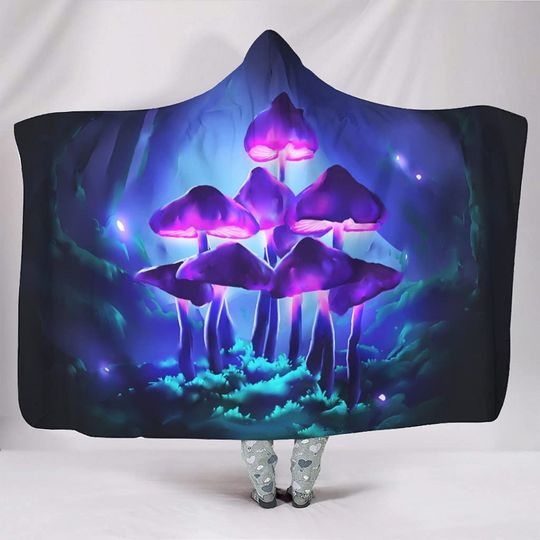 Purple Glowing Mushrooms Hooded Blankets Throw Cloak Cape Colorful Ultra Soft Fleece Big Blanket Cape White