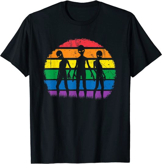 Gay Aliens Trio LGBT Pride Month Rainbow Flag Equality UFO T-Shirt