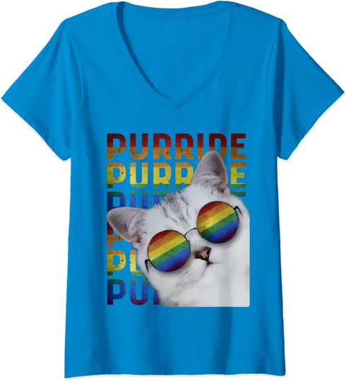 Womens Purride Gay Pride Tee for Women Men LGBT Rainbow Cat Lover V-Neck T-Shirt
