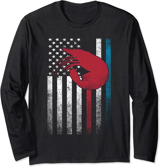 Prawn Shrimp Seafood Fishing 4th of July American Flag USA Long Sleeve T-Shirt