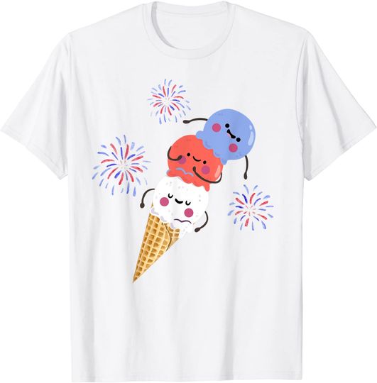 Cute Ice Cream US Flag Color 4th of July Watercolor For Kids T-Shirt