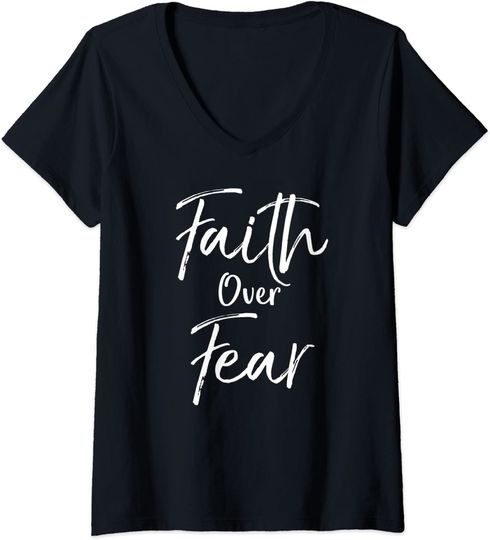 Womens Cute Christian Quote for Women Jesus Gift Faith Over Fear V-Neck T-Shirt