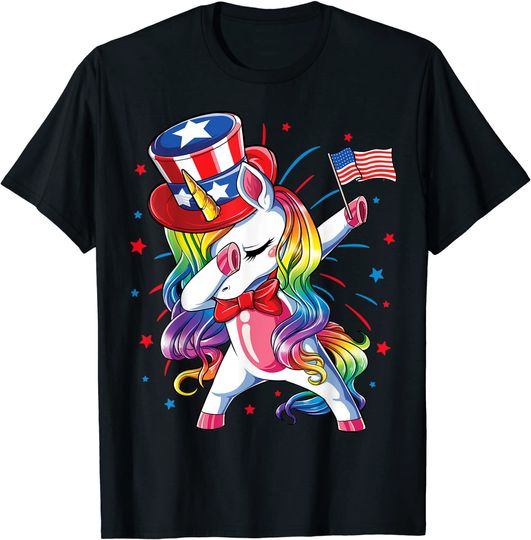 Dabbing Unicorn 4th of July Shirts Girls Kids Women American T-Shirt
