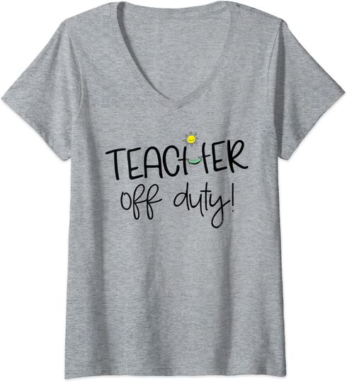 Womens Summer Break Teacher Off Duty with Hammock and Sun-Teachers V-Neck T-Shirt