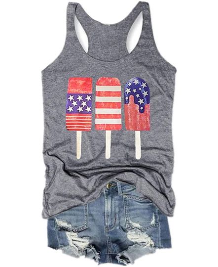Womens American Flag Popsicle Tank Top Sleeveless 4th of July Funny Graphic Tee Tank Top