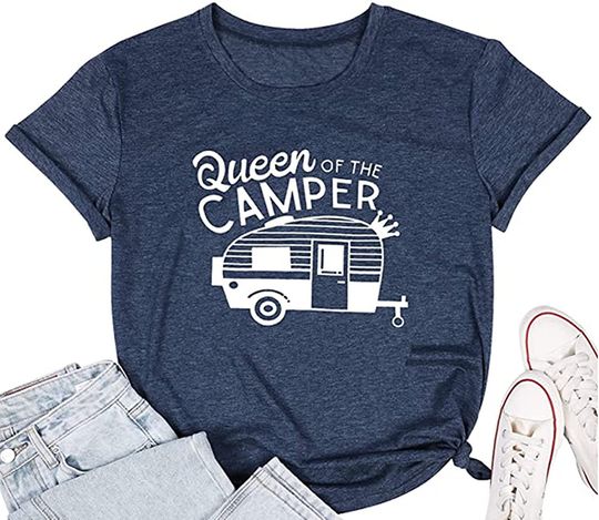 Queen of The Camper T-Shirt Funny Happy Camper Camping RV Graphic Top Short Sleeve Letter Print Camping Shirt