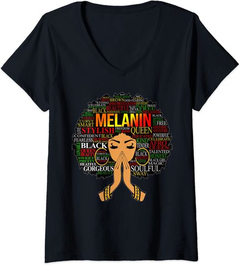 Womens Melanin Words Art Afro Natural Hair Black Woman Queen Gift V-Neck T-Shirt