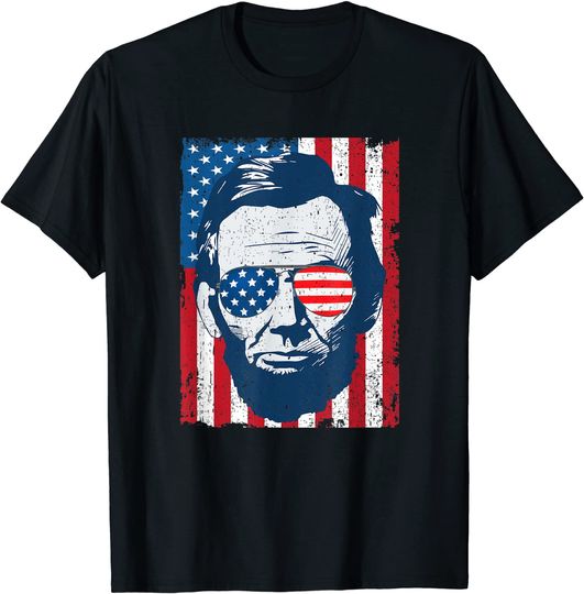 Abe Lincoln Beard Sunglasses & American Flag 4th Of July T-Shirt