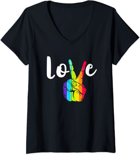 Womens Love Peace Sign Rainbow LGBT Lesbian Gay Pride V-Neck T-Shirt