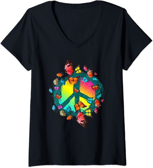 Womens Hippie Butterflys Insect Peace Sign Rock and Roll Rock Music V-Neck T-Shirt