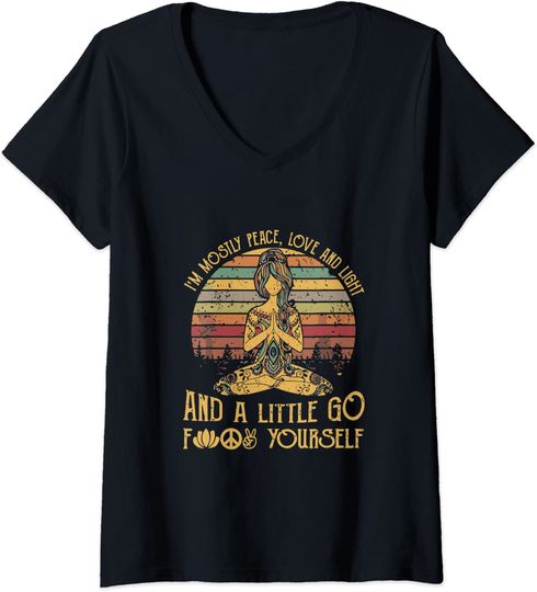 Womens I'm Mostly Peace Love And Light And A Little Go Yoga V-Neck T-Shirt