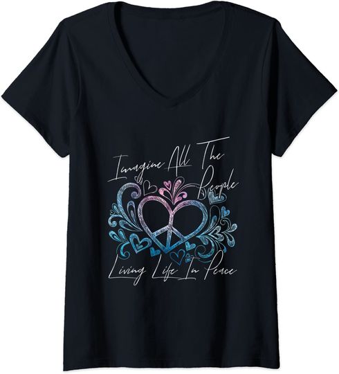 Womens Imagine Hippie People Living Life in Peace and Love Gift V-Neck T-Shirt