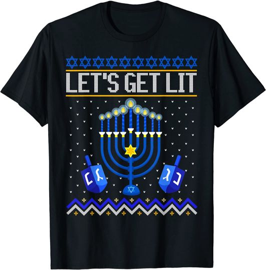 Let's Get Lit Menorah Christmas Hanukkah Jewish Ugly Sweater T-Shirt