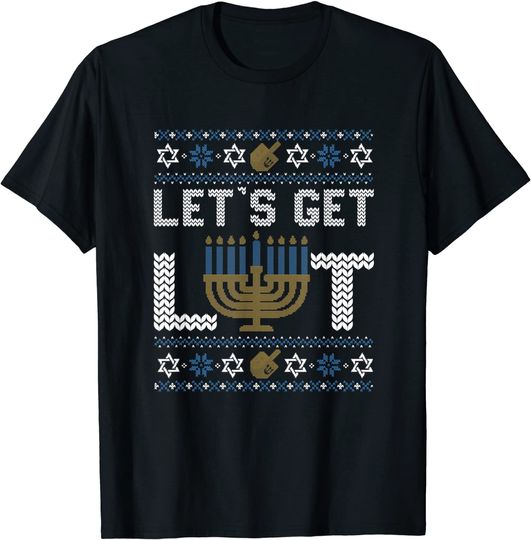 Funny Let's Get Lit Menorah Chanukah Hanukkah Ugly Sweater T-Shirt