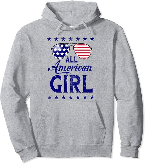 All American Girl 4th of July Patriotic USA Flag Sunglasses Pullover Hoodie