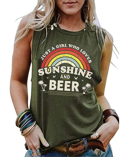 ZIFOTA Sunshine and Whiskey Tank Tops Women Cute Beach Shirt Tank Funny Drinking Shirt Summer Sleeveless Vacation Tank Vest