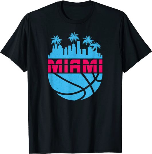 Miami Men's T Shirt Florida Cityscape Retro Basketball 80's
