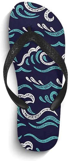 INTERESTPRINT Non-Slip Flip Flop Slippers Sea Waves Pattern Cute Black Straps Slim Thong Sandal for Men
