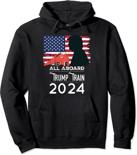 All Aboard Trump Train 2024 Vintage American Flag Apparel Pullover Hoodie