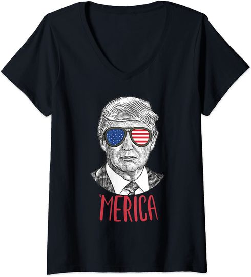 Womens 4th of July Shirts Trump 'Merica Funny Presidents Drinking V-Neck T-Shirt