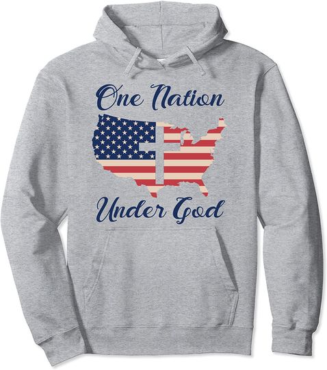 ONE NATION UNDER GOD Christian Cross American Flag USA Map Pullover Hoodie
