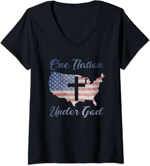 Womens ONE NATION UNDER GOD Christian Cross American Flag USA Map V-Neck T-Shirt