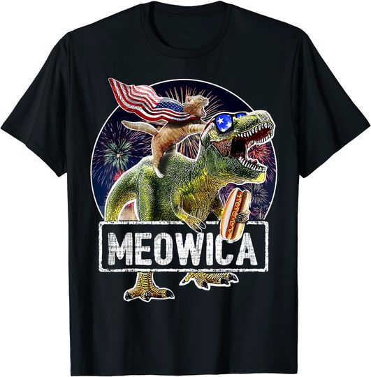 Meowica American Flag Cat T Rex Dinosaur T Shirt