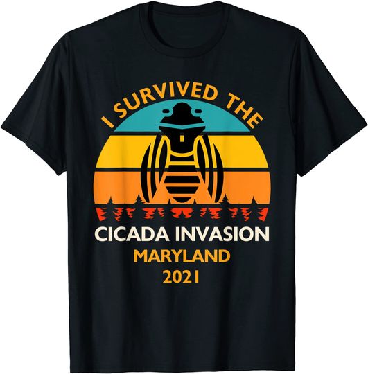 Cicada Invasion 2021 I Survived Maryland Retro Sunset Funny T-Shirt