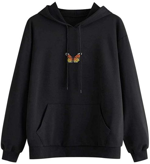 Teen Girl Women Fashion Butterfly Print Long Sleeve Hooded Graphic Hoodie