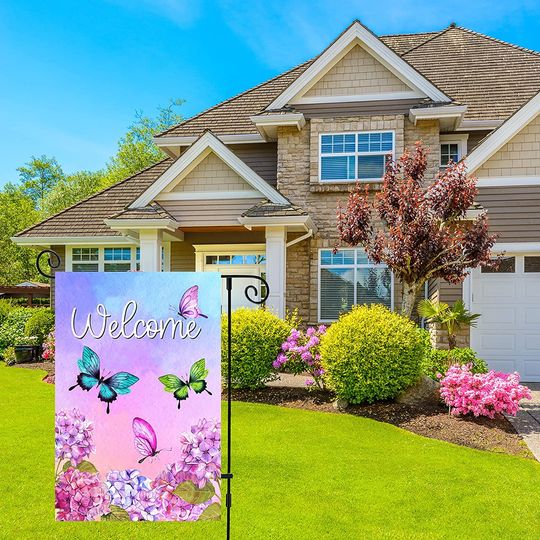Welcome Spring Garden Flag 12.5"x18",Double Sided Watercolor Flowers and butterfly Seasonal Outdoor flag Banner for Farmhouse Yard Lawn Outdoor Decoration.