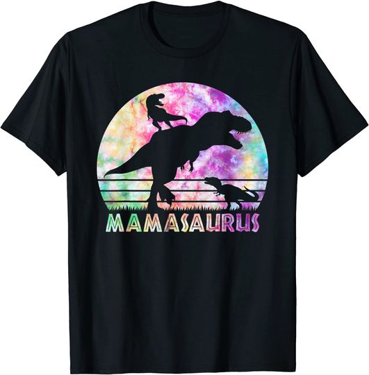 Mamasaurus Tie Dye Sunset Funny Dinosaur Mother of 2 Kids T-Shirt