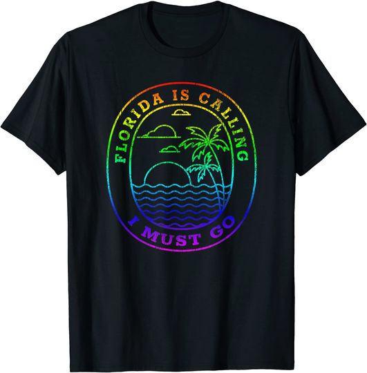 Vintage Florida Is Calling I Must Go Rainbow Palm Tree Beach T Shirt