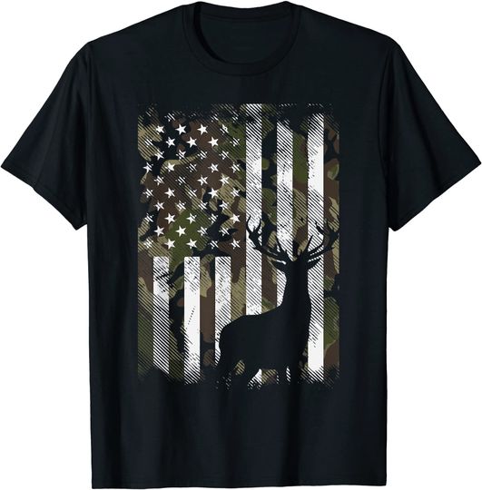 Camo US Flag Deer Elk Buck Camoflage Hunting Hunter Dad T Shirt