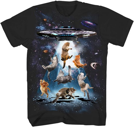 UFO Cats Kitten Cat Lover Outerspace Planets Stars Galaxy Graphic T-Shirt