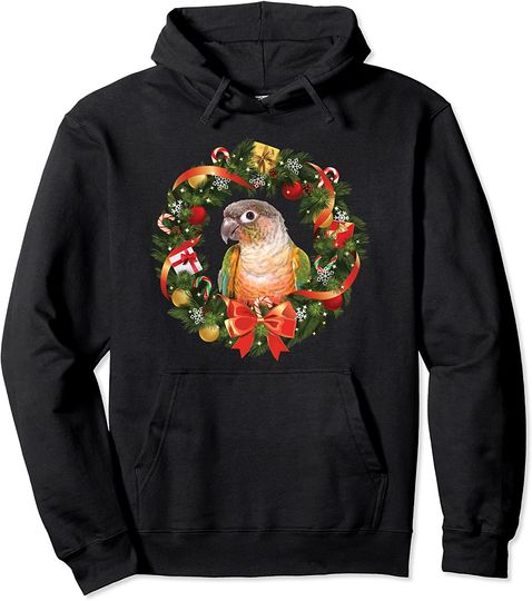 Green Cheek Conure Parrot Christmas Wreath Pullover Hoodie
