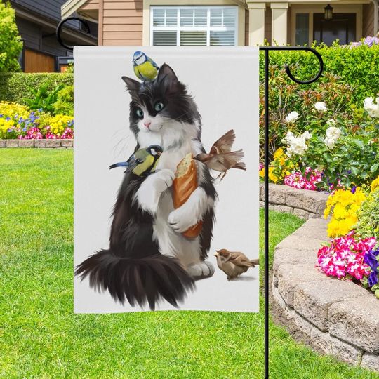 Black and White Cat and Birds Garden Flag