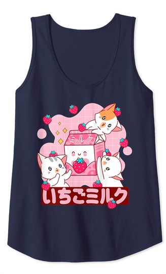 Pink Strawberry Milk Japanese Kawaii Cat Tank Top