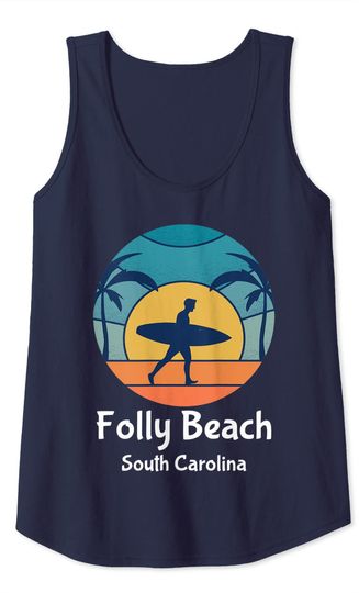 Folly Beach South Carolina Tank Top Surfing Vintage Sunset Sun