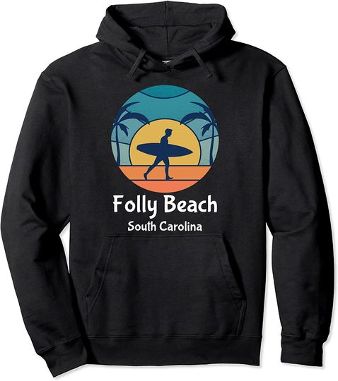 Folly Beach South Carolina Vintage Pullover Hoodie Surfing Sunset