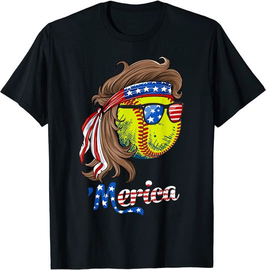 Softball Mullet American Flag Merica Fathers Day T-Shirt