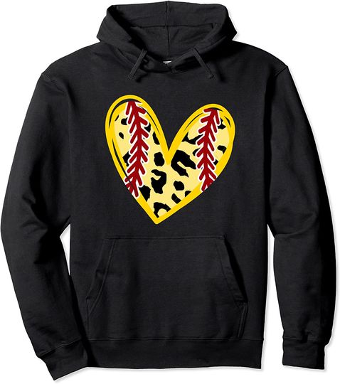 Teen Girl Baseball Lover Softball Player Leopard Heart Pullover Hoodie