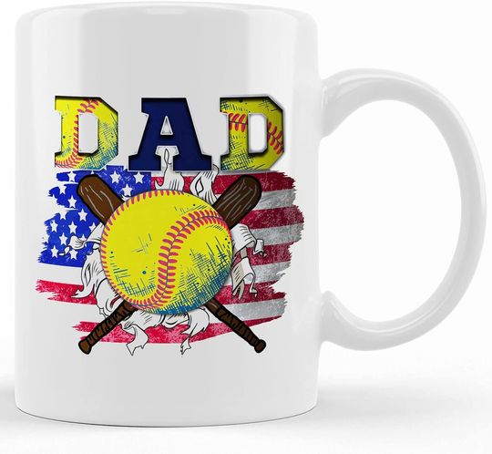 Personalized Softball Dad American Flag Mug, Softball Coffee Mug, Softball Dad Mug, Fathers Day Mug, Softball Gift,softball Player Mug,softball Lover Mug, Ceramic Novelty Coffee Mugs