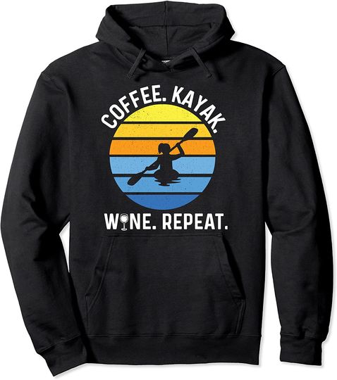 Retro Sunset Kayaking Gear Women Coffee Kayak Wine Lovers Pullover Hoodie
