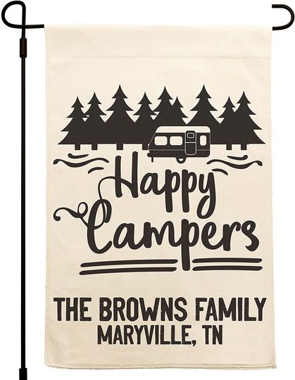 Personalized Happy Campers Garden Flag Custom Family Name Location