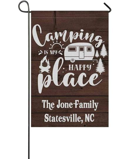 Personalized Camping Is My Happy Place Garden Flag Custom Family Name
