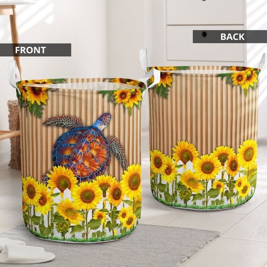 TURTLE - SUNFLOWER AND FENCE IN WOOD BASKET