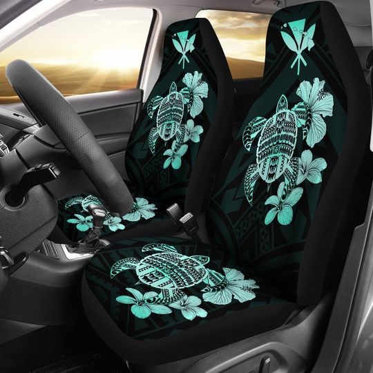 Hibiscus Plumeria Mix Polynesian Turquoise Turtle Car Seat Cover